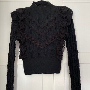 Zara Ruffle Pointelle Sweater Women's Size S Black